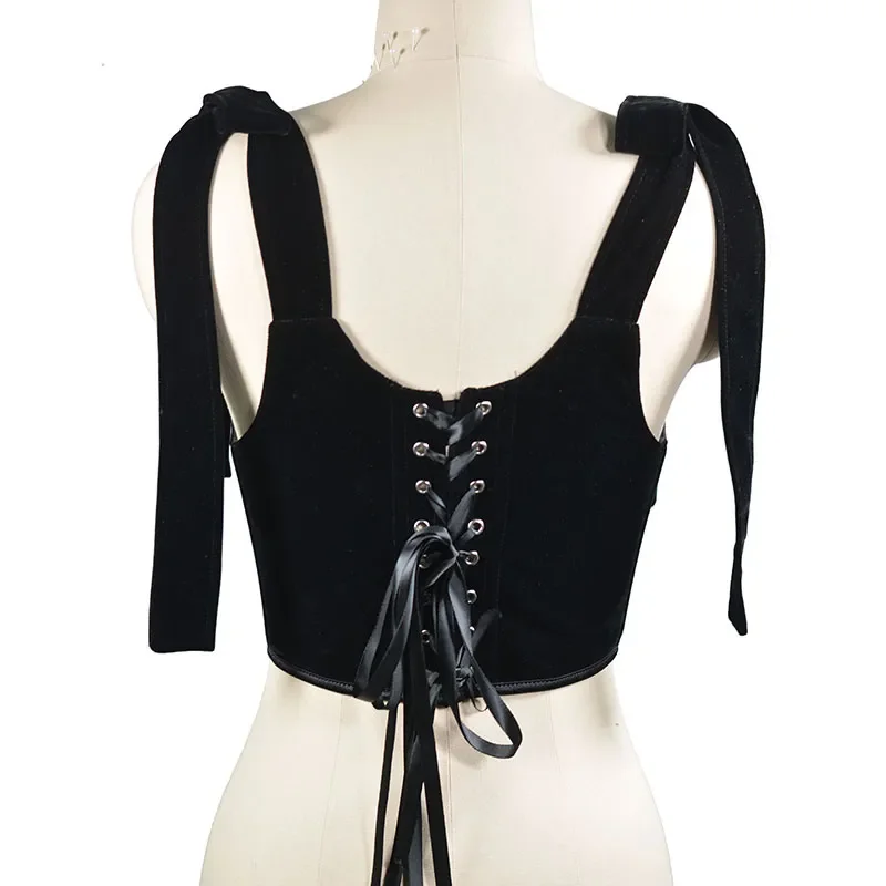 Velvet Retro Bodice Black Lace Bow Camisole Y2k Vintage Velvet Sexy Corset Tops Strappy Halter