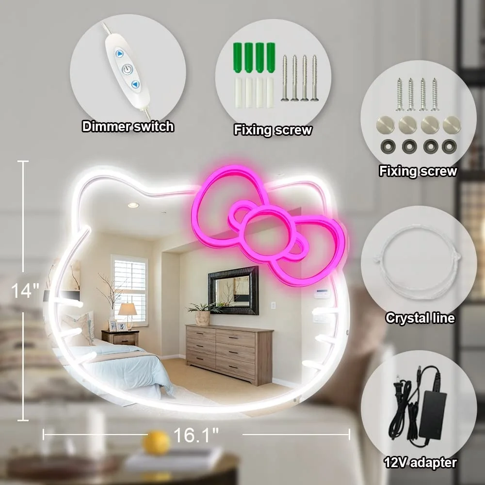 Wholesale modern simple large big bathroom wall decor vanity makeup smart led hello kitty mirror miroir spiegel espejo