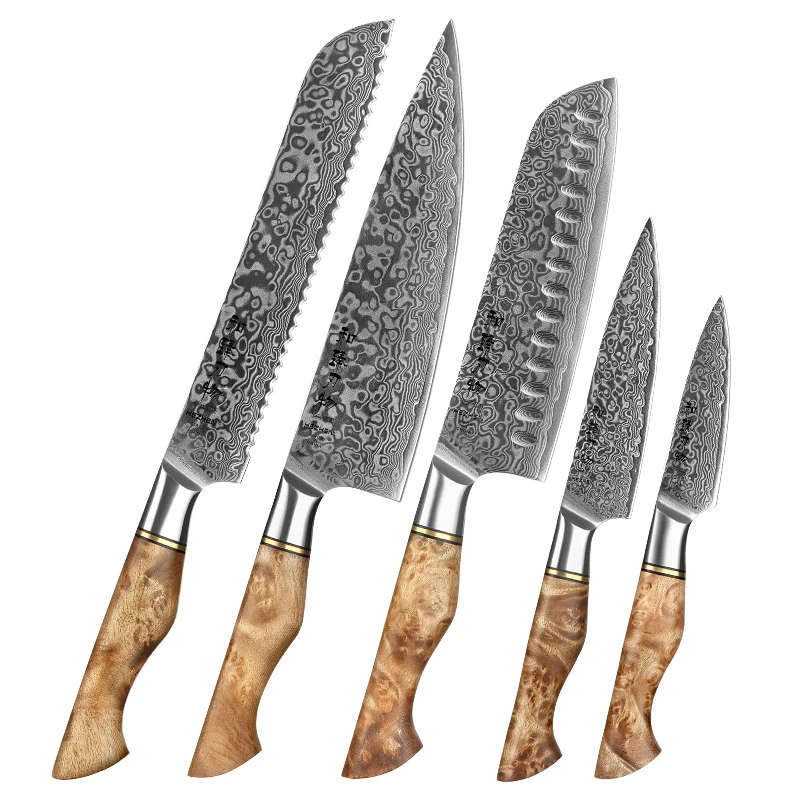 Professional kitchen Damascus steel knife japan set with figured sycamore wood handle