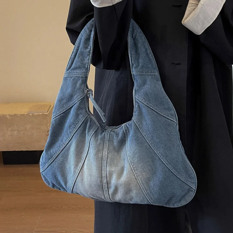 High quality fashion women shoulder bag denim jeans fabric inner pocket zipper shopping cotton tote bag