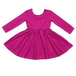 Low Neck Drop Design Girls Smock Frocks Multi-color Choice Kids Clothes Plain Cotton Long Sleeve Toddler Twirling Dress