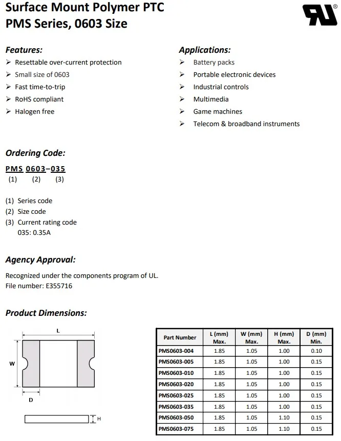 Recoverable fuse PMS0603-004	PPTC PMS Series