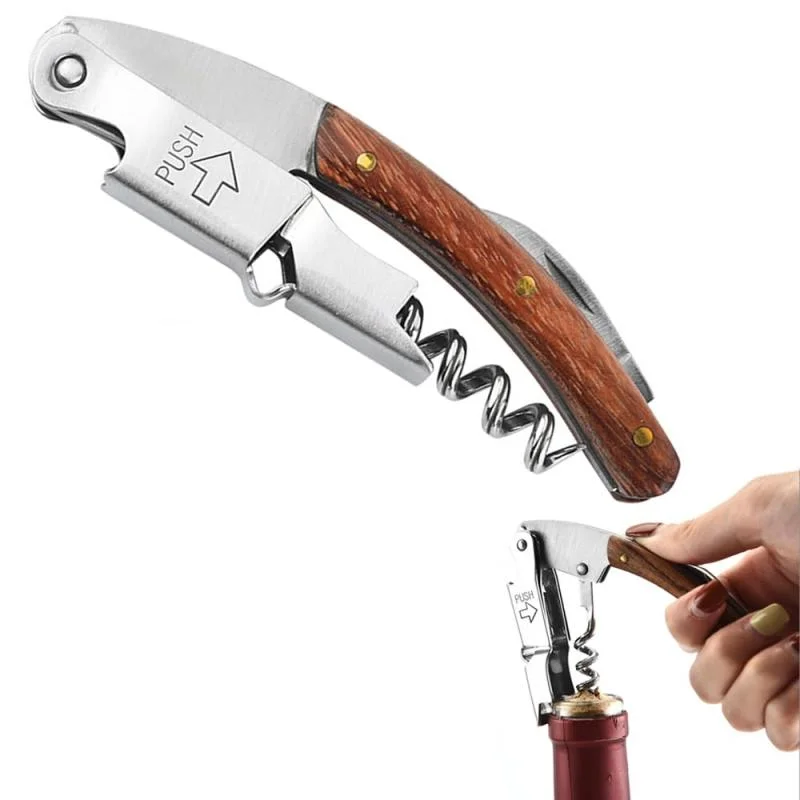 Custom wine bottle opener Wood Corkscrew Handle Stainless Steel Wine Bottle Cork Screw Opener with Foil Cutter