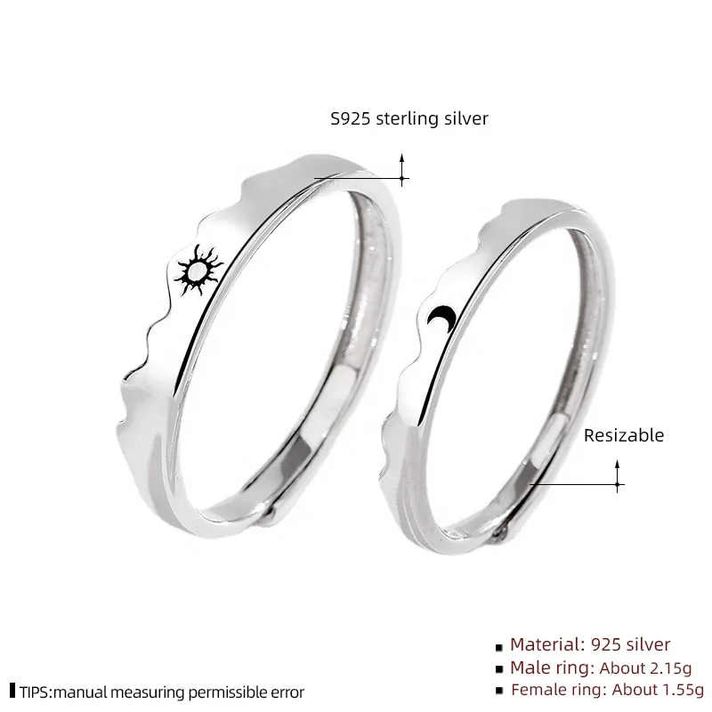 925 Sterling Silver Sun Moon Couple Rings Open Adjustable Ring Each Other Lover Couple Friends Gift Wedding Jewelry Rings