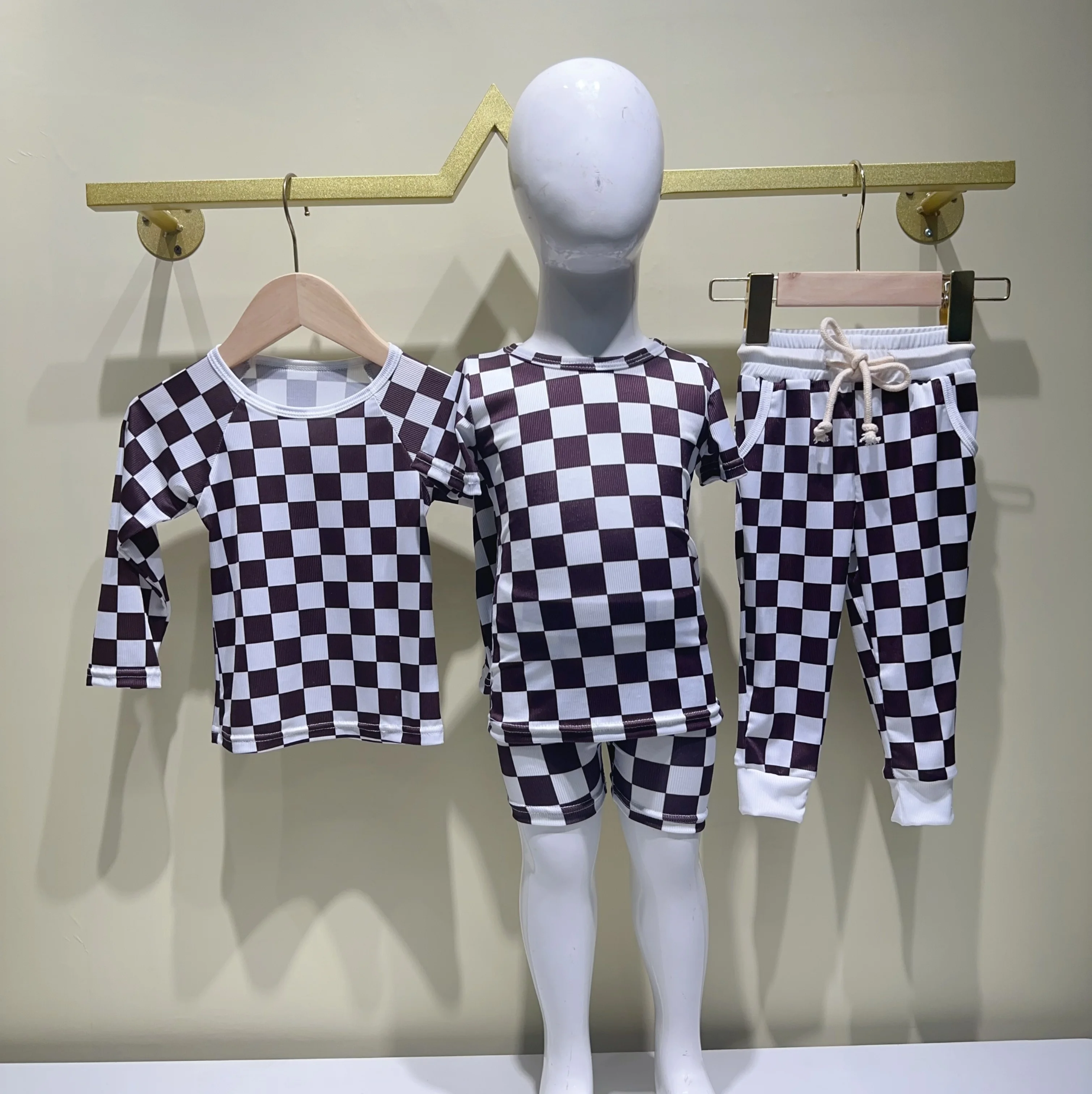 High Quality Black Plaid Bamboo Ribbed Knit Set Baby Toddler Girls Casual Kids Long Sleeve Pajamas Suit Wholesale