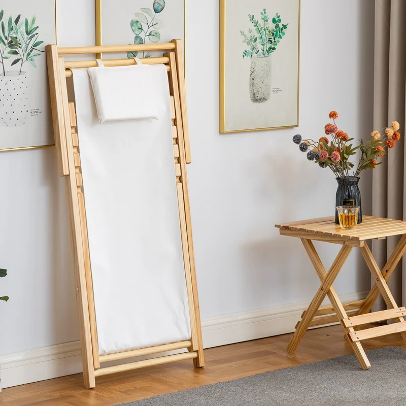 Outdoor Deck Bamboo Chair Relaxing Chair Garden Chair Backrest Adjustable in 4 Positions Canvas Seating Area