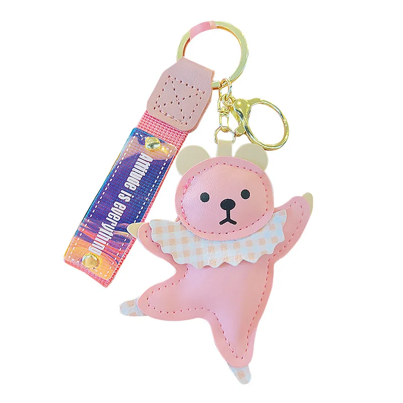 Ballet Cartoon Bear Leather Key Chain Custom Key Ring Bag Accessories Car Leather Keychain Leather Tag