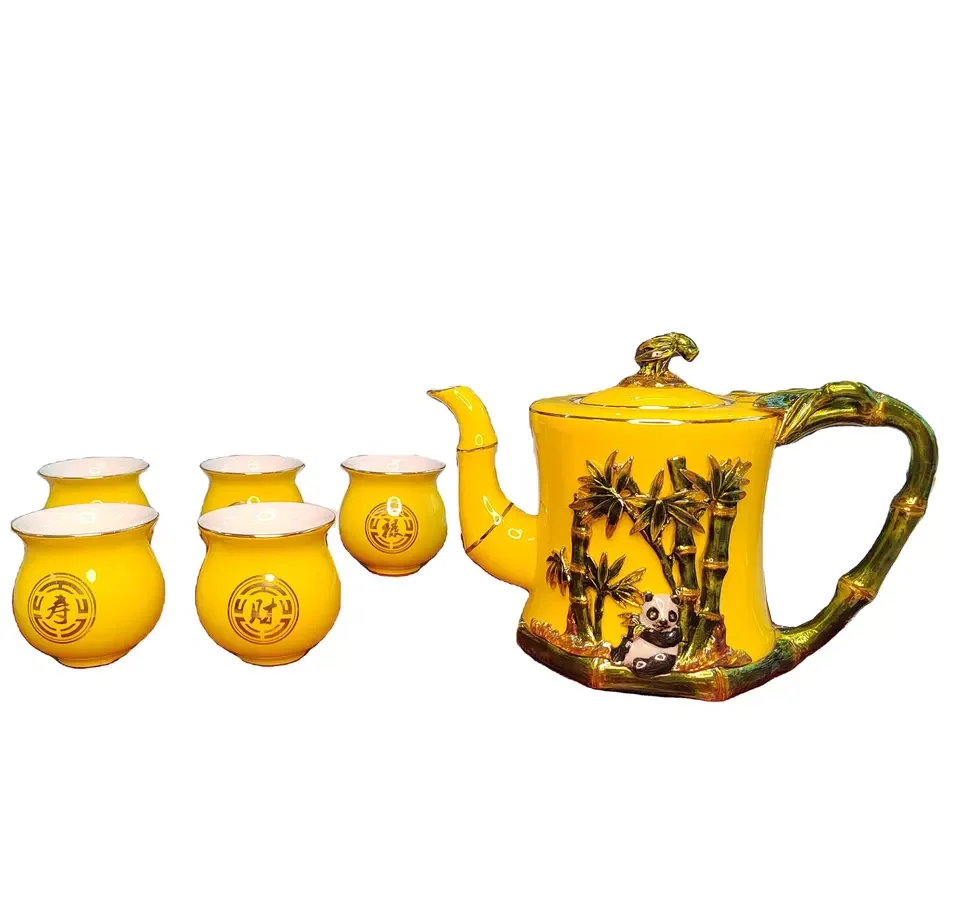 2023 Chinese Classic Style Bone china Bamboo Panda Ceramic Tea Cup and Teapot Red and Yellow color Tea Set With Enamel Carving
