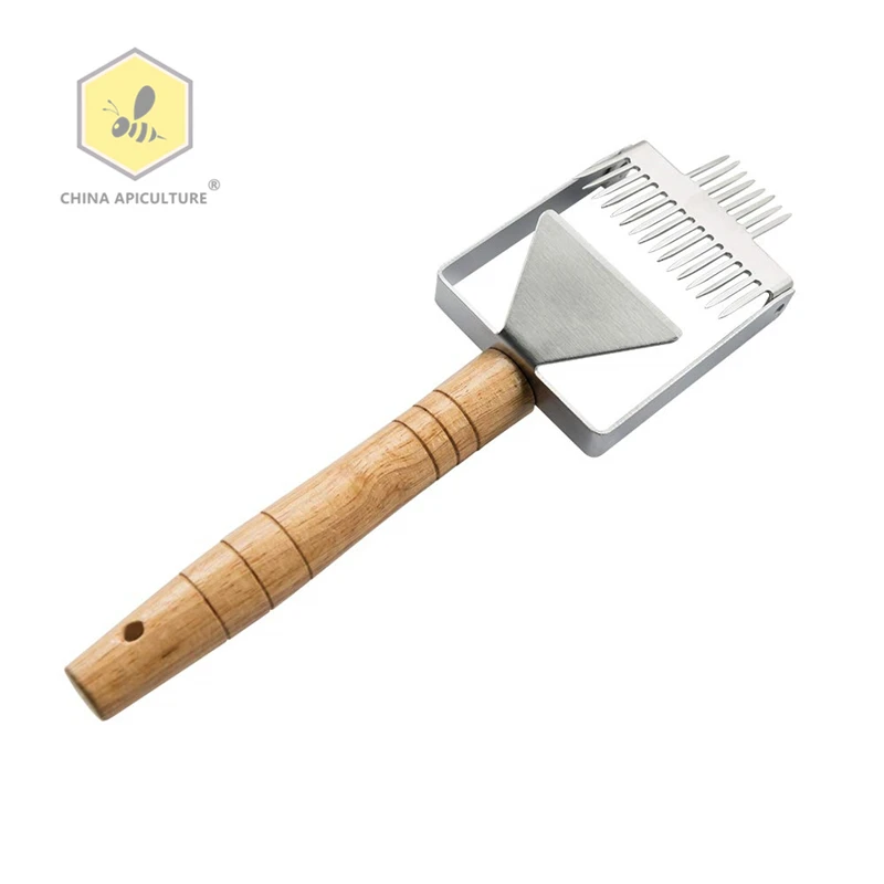 Beekeeping Tools Honey Scraper Shovel Honeycomb Knife Bee Hive Honey Tine Straight Needle Wooden Handle 2 in 1 Uncapping Fork