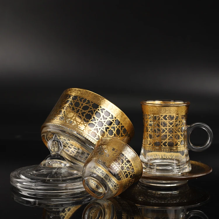 Wholesale 20pcs New Decorative Customized Coffee & Tea sets Glass TeaCup sets with sugar pot and arabic coffee cup