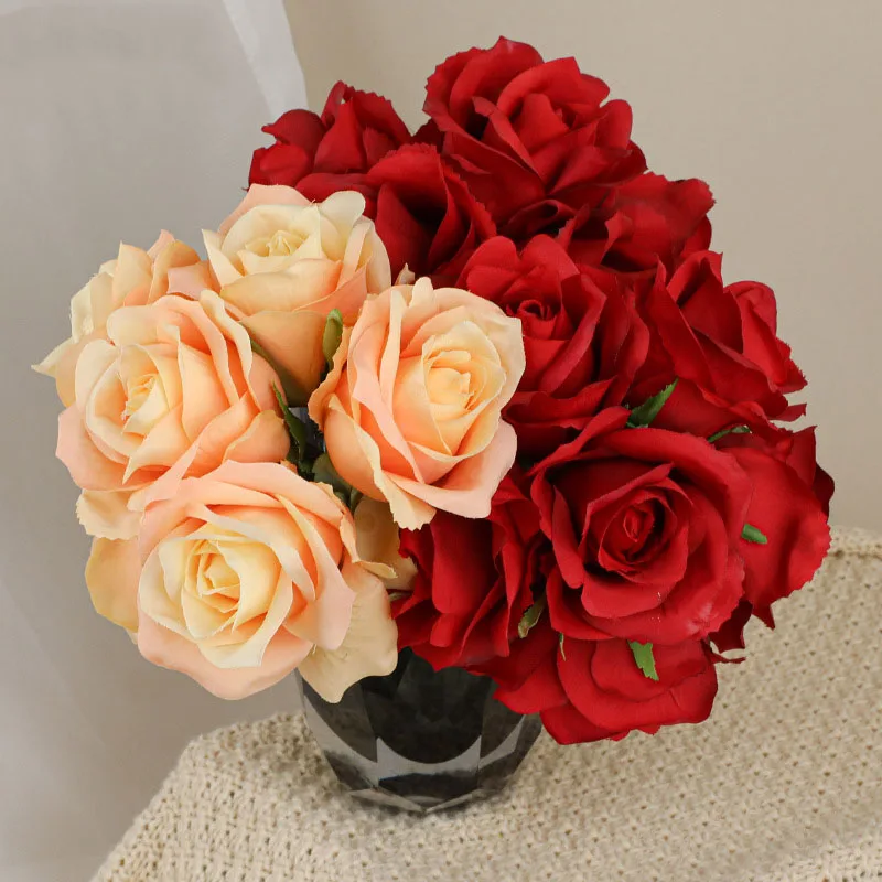 AR-629 Layout Props Artificial 20CM 6 Heads Silk Cloth Rose Bouquet Wedding Flower for Decoration