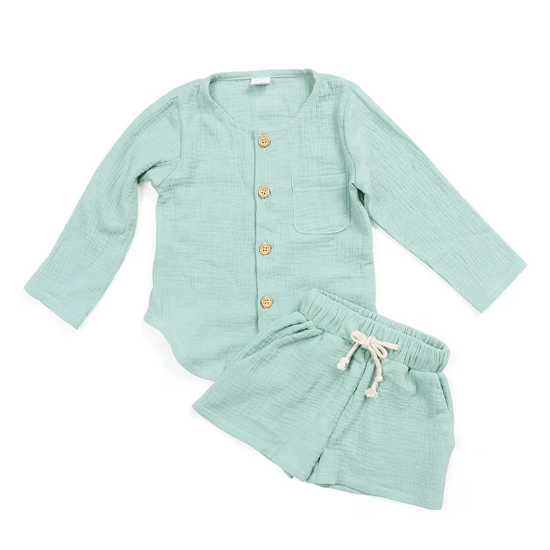 Kids clothing baby clothes long sleeves wood buttons top draw string shortie sold mint woven organic cotton muslin baby sets