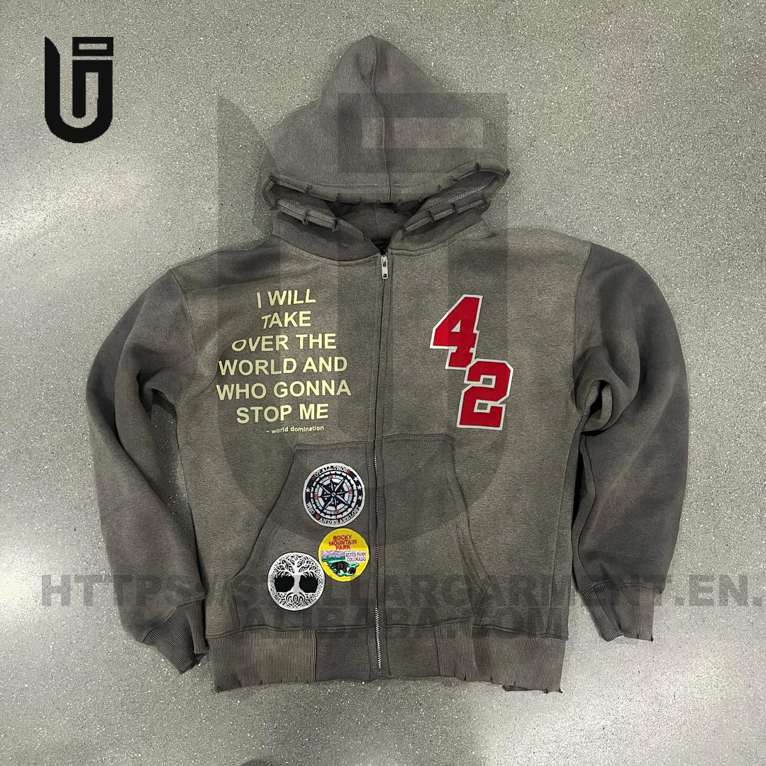 OEM Custom Logo Heavyweght Fabric Patches Embroidery Acid Wash Vintage Applique Rips Cut And Sew Sun Faded zip up Hoodie For Men