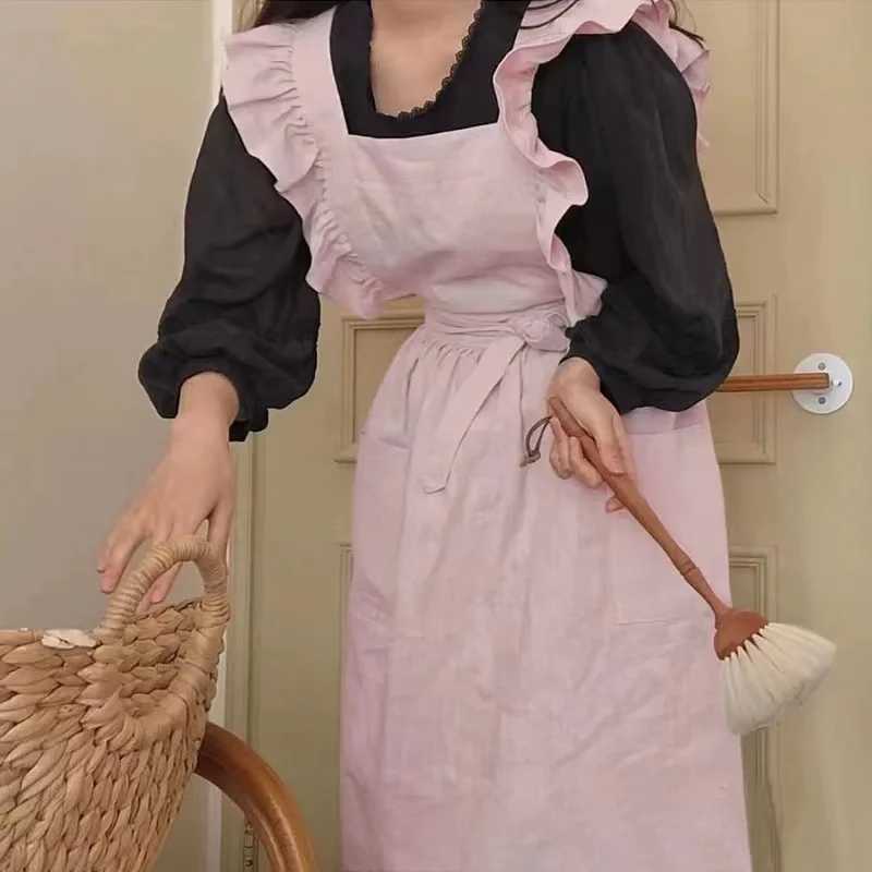 INS Korean Style Artist Women Painting Apron Pink Ruffle Aprons for Flower Shops Studios Coffee Shops