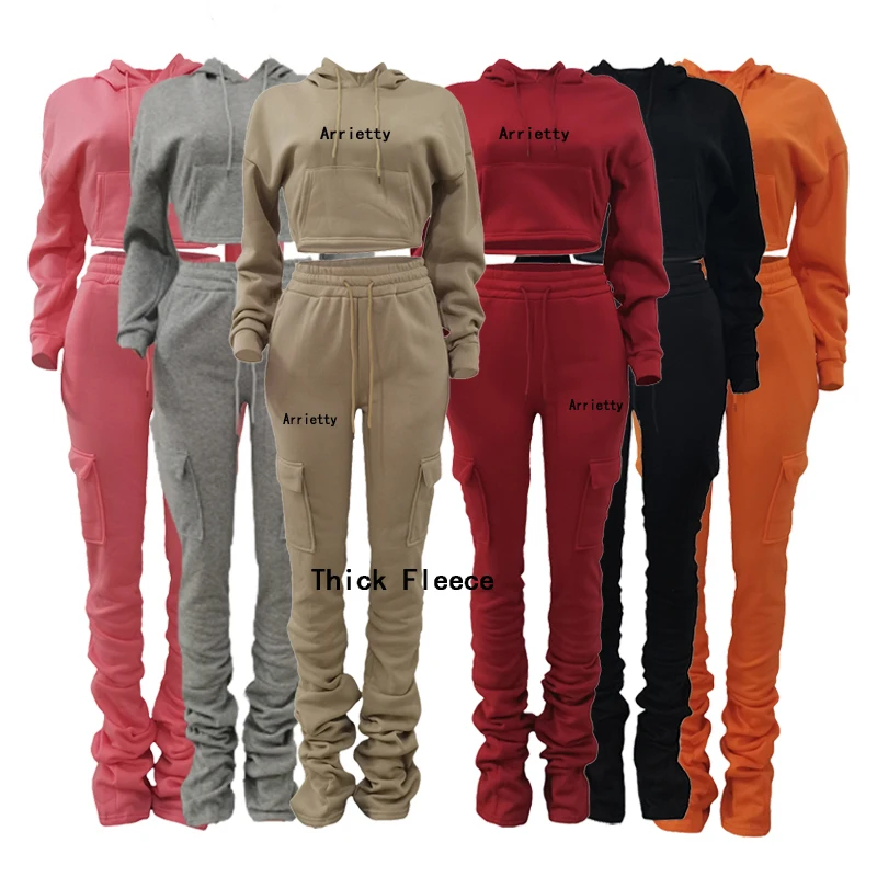 Casual Solid Hoodie Fall Autumn Women Ladies Two Pant Pieces Jogger Set Sweat Pocket Crop Sweatsuit Stacked Pants Sets