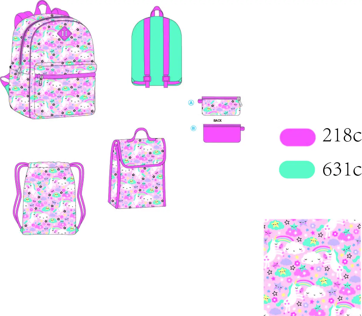 Custom High quality 5 in 1 sets kids back to school unicorn bag sets with lunch bag pencil case set bags 5 pieces