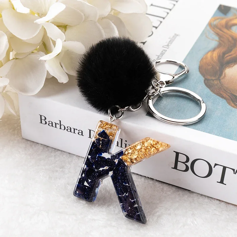 Black Pompom Letter Keychain English Alphabet Keyring  Glitter Gradient Resin Car Mirror Accessory Women Handbag Charms