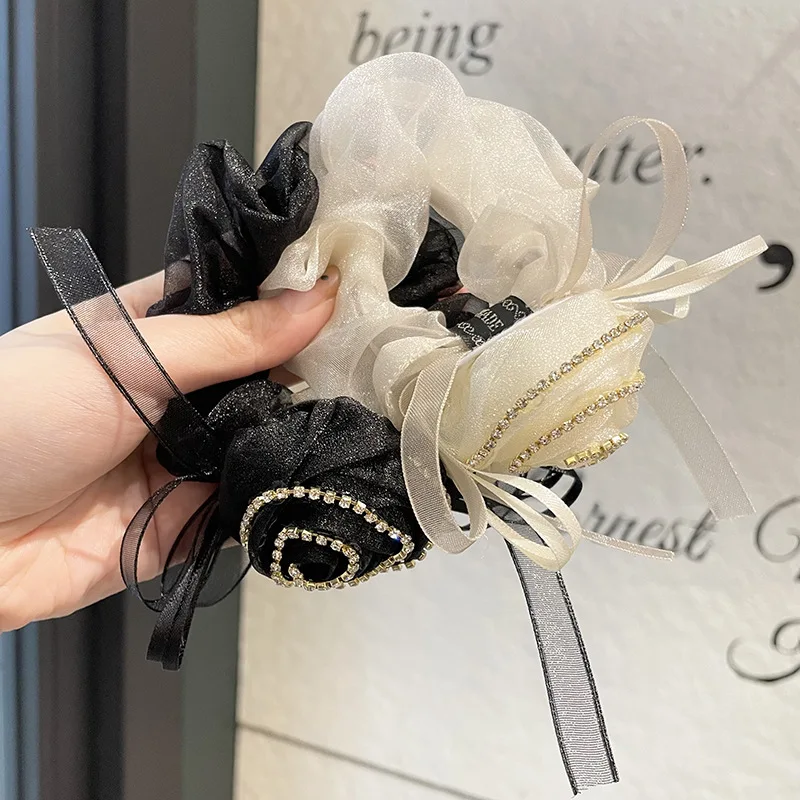 New Launched Sweet Korea Rose Flower Organza Fabric Hair Scrunchies Handmade Girls Rhinestones Hair Tie Elastic Hairband