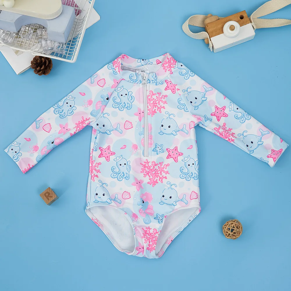 Custom Children Swimsuit Zip One Piece Printed Long Sleeve Kids Girls Beachwear Swimwear Girl Bikini