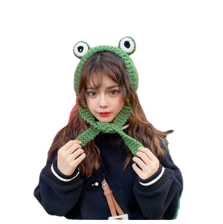Frog Headband Hat Cute Crochet Knitted Headband Outdoors Big Eye Frog Hat Earflap Ear Protective