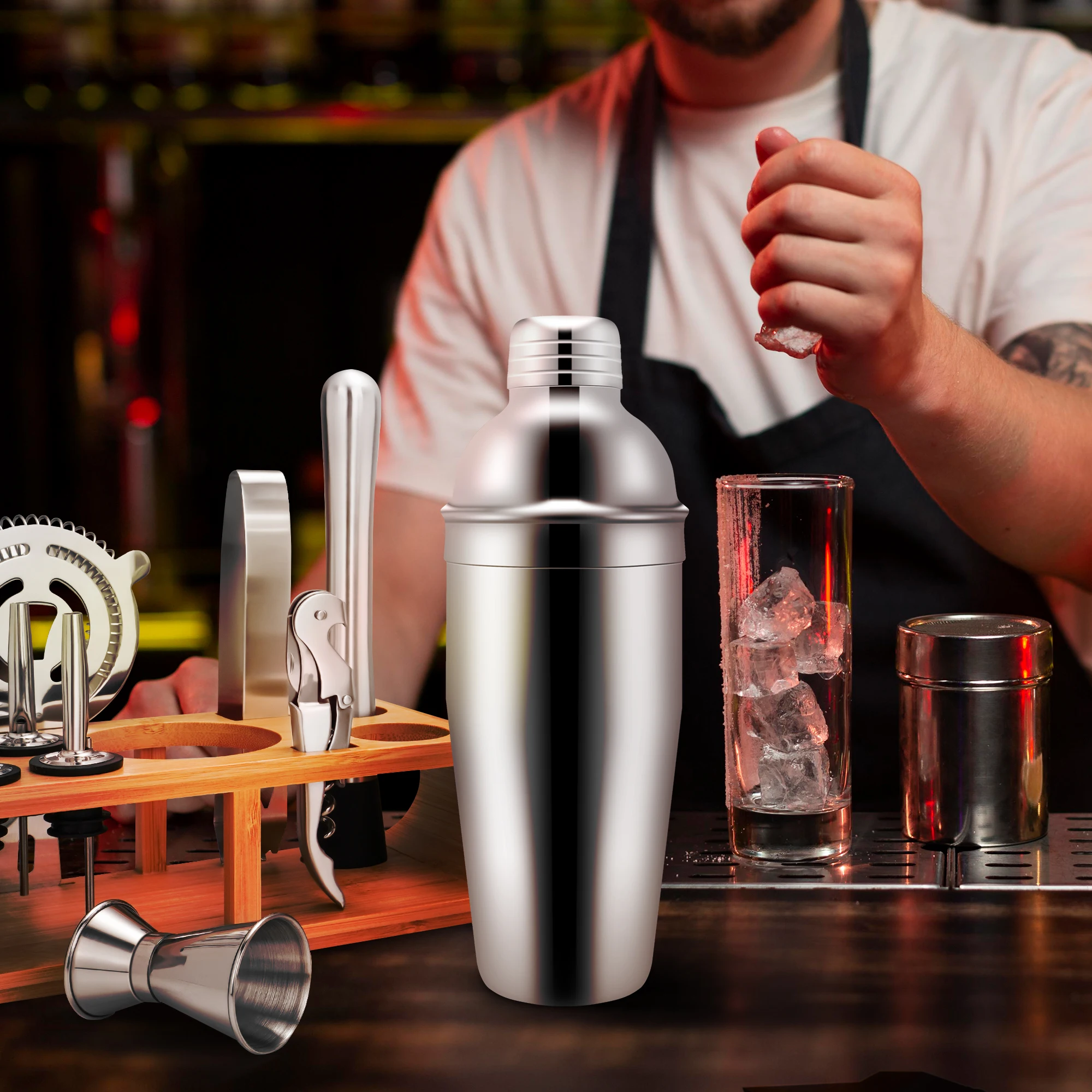 Hot sale shaker set 25oz Bar Accessories 12 pieces  Bar Tools 750ml Bar Tools stainless steel Bartender Set Kit