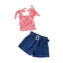 Summer Girls Clothing Sling Suit Plaid Top Denim Shorts Two Piece Set Sweet And Lovely Clothes