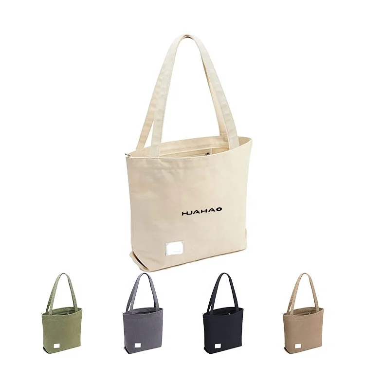 huahao custom large canvas tote bag custom printed logo own design with pocket and zipper