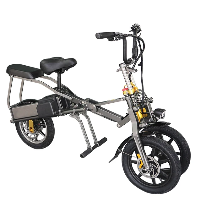 new design 14 inch 350W double 48V lithium battery 3 wheel foldable electric bicycle for adult