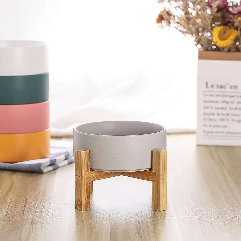 White Ceramic Elevated Raised Cat Bowl Cat Food Dish with Bamboo Stand Bowls Anti Vomiting Pet Bowl