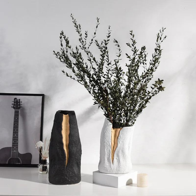 Nordic style art gold crack decorative home flower handmade white black table vase ceramic and porcelain vases for decoration