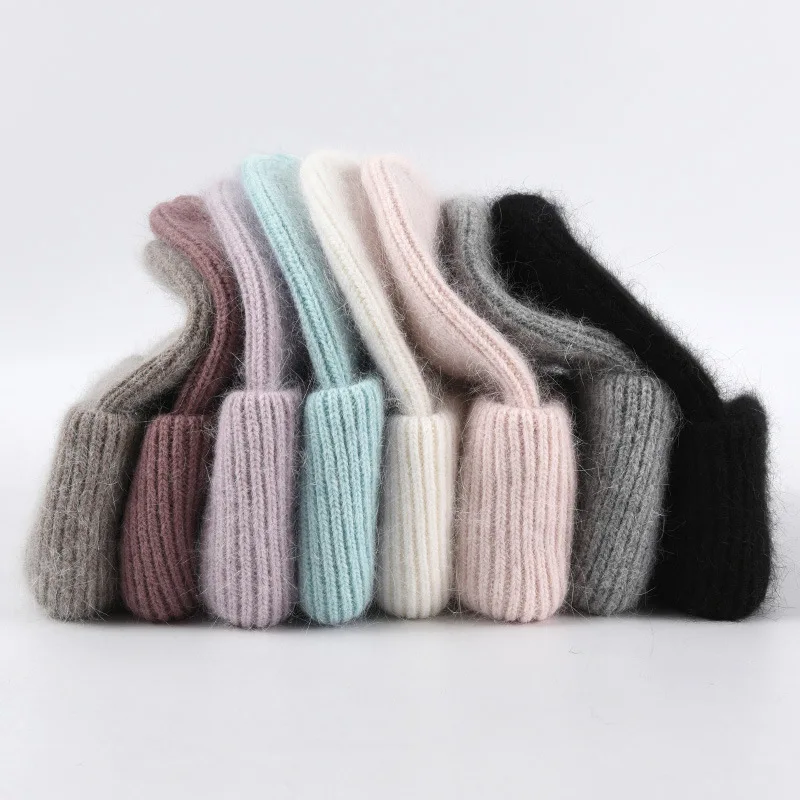 Wholesale In Stock New Autumn Winter Knitted Hat Women Lady Unisex Plush Thick Warm Blank Angora Rabbit Beanie Hats