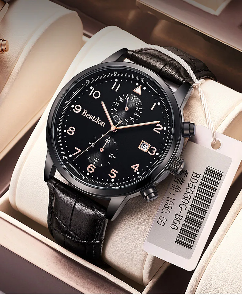 Trend design classical sports waterproof Genuine Leather men quartz watches wristwatches with Two Time Zone