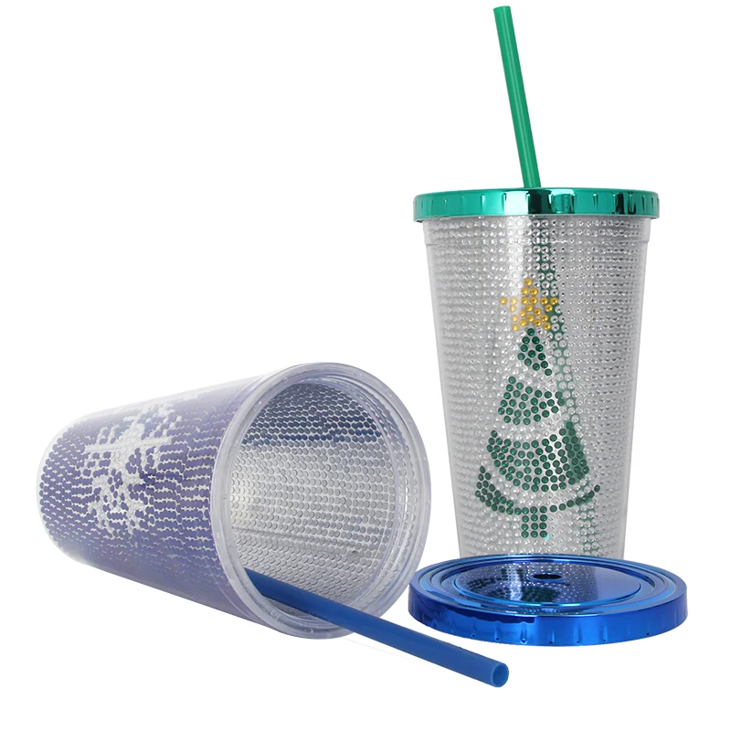 Food grade wholesale promotional custom christmas insert 24oz double wall plastic drinking glitter tumbler cups with straw