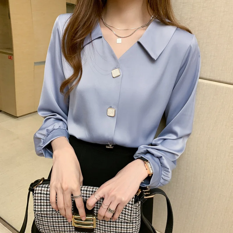Spring and autumn new professional V-neck chiffon white blouse long sleeve loose temperament contracted blouse