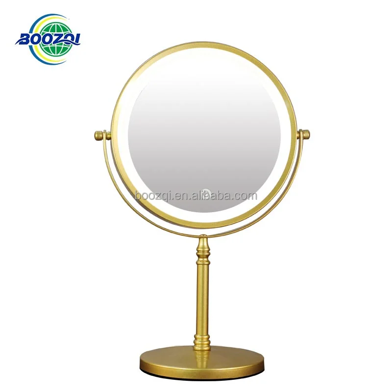 Golden tabletop LED lighted vanity makeup mirror USB rechargeable double sided plane mirror magnifying mirror beauty tool