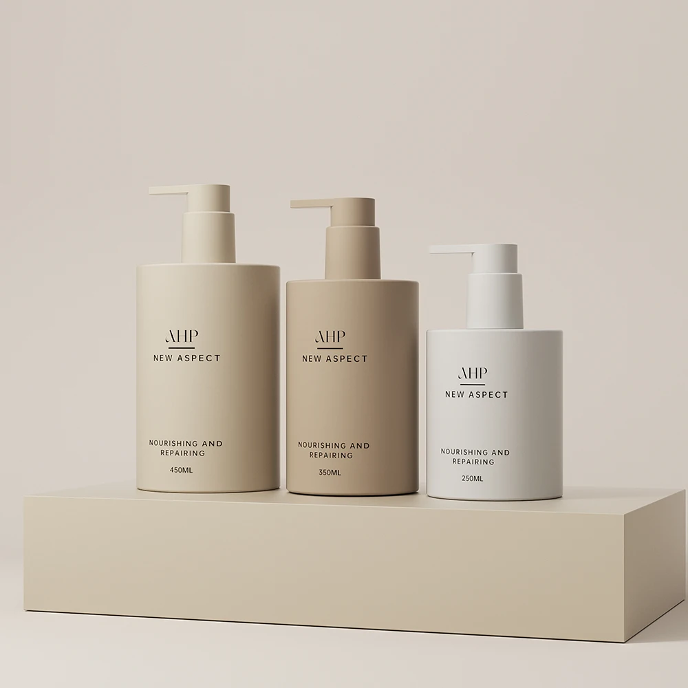 Hair oil packaging bottle set 250ml 350ml 450ml beige plastic shampoo lotion pump bottle set with box packaging for luxury cream