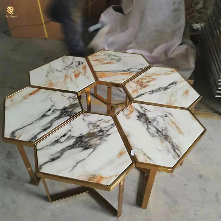 High quality texture white artificial marble table top office conference table interior decor hexagon petals design coffee table