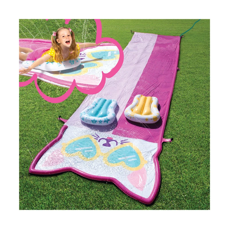 Wonderful PVC Grass Play Water Slip Lawn game cat design Slip and Slide Water Slide with 2 Body Boards