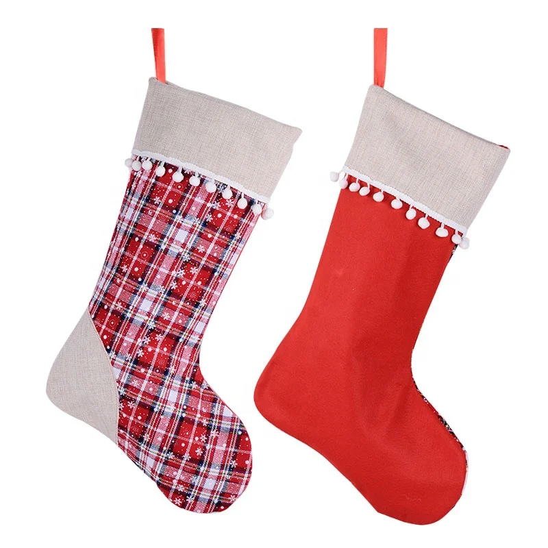 BSCI SJ0110-1 America popular burlap band snowy Christmas stocking lace balls custom plaid