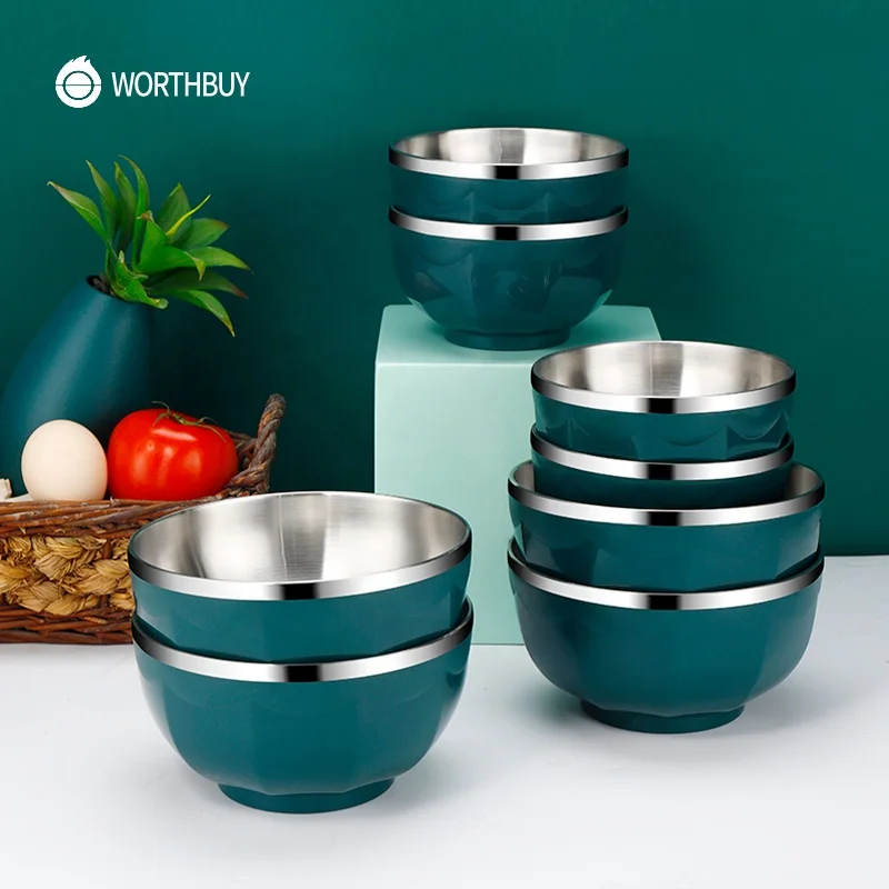 WORTHBUY Reusable 304 Stainless Steel Rice Bowl Kitchen Fruit Food Container Soup Snack Bowl For Kids