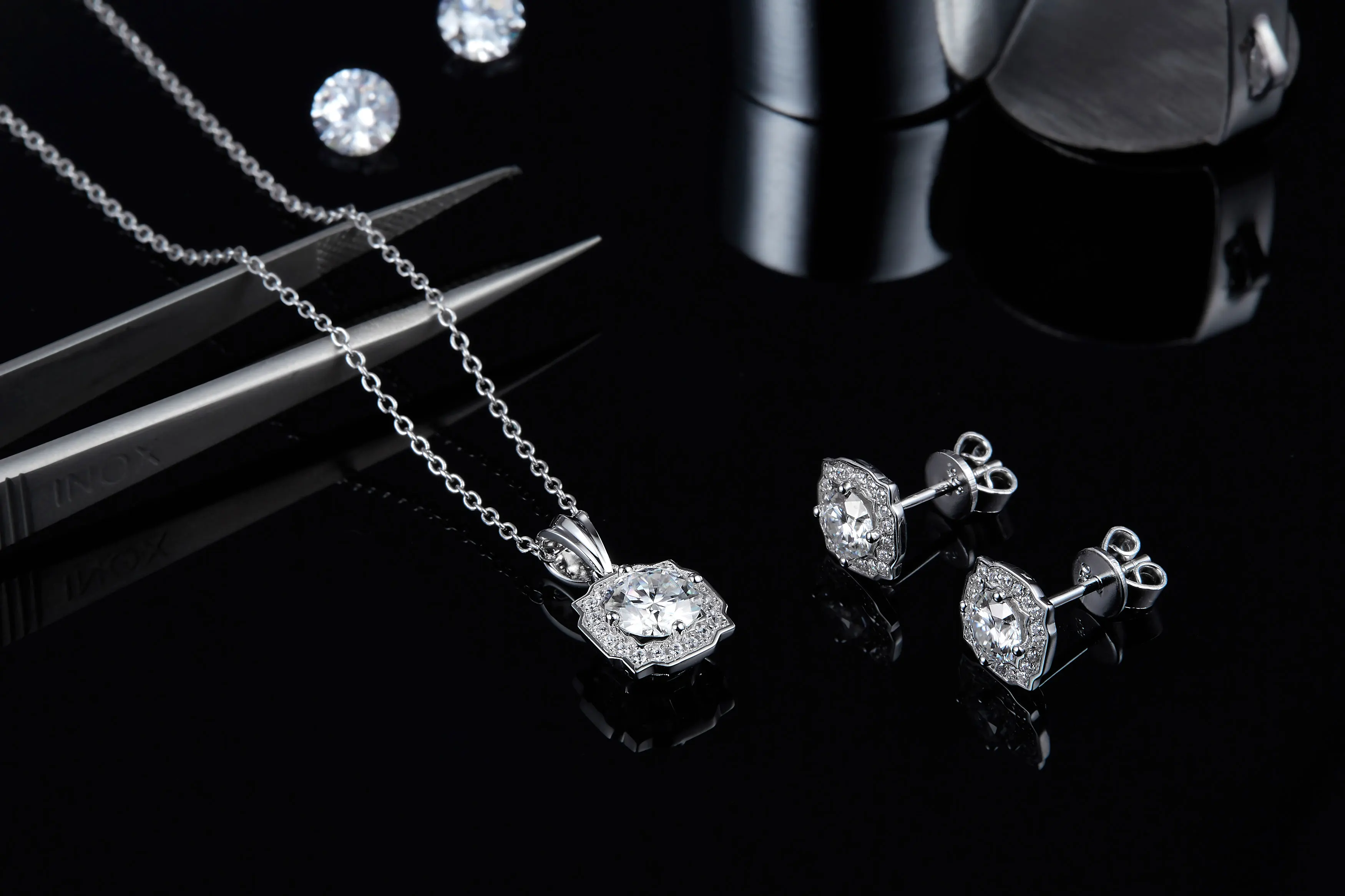 GRA Certified 1ct 925 Sterling Silver Round Brilliant Cut D  Moissanite Wedding Necklace Earring Jewelry Sets for Women Diamond