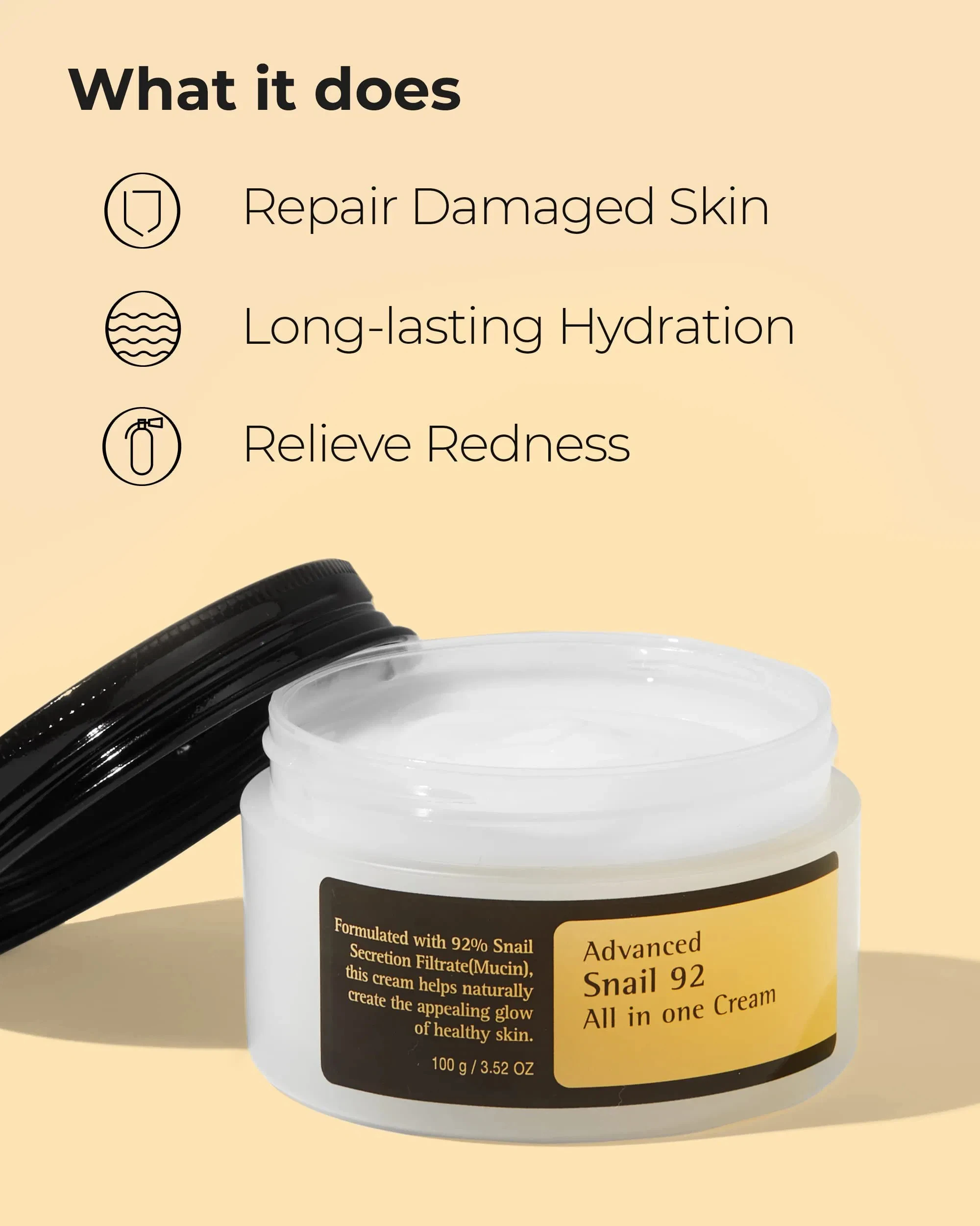 Private Label Snail Cream Anti-Puffiness Long Lasting Hydration Moisturizing Recovering Advanced Snail 92 All In One Cream