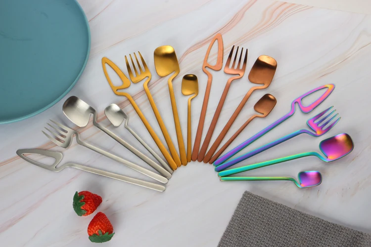 Reusable Metal Salad Coffee Mixing Stirring Spoon And Fork Stainless Steel 4pcs Hanging Cup Cutlery Set