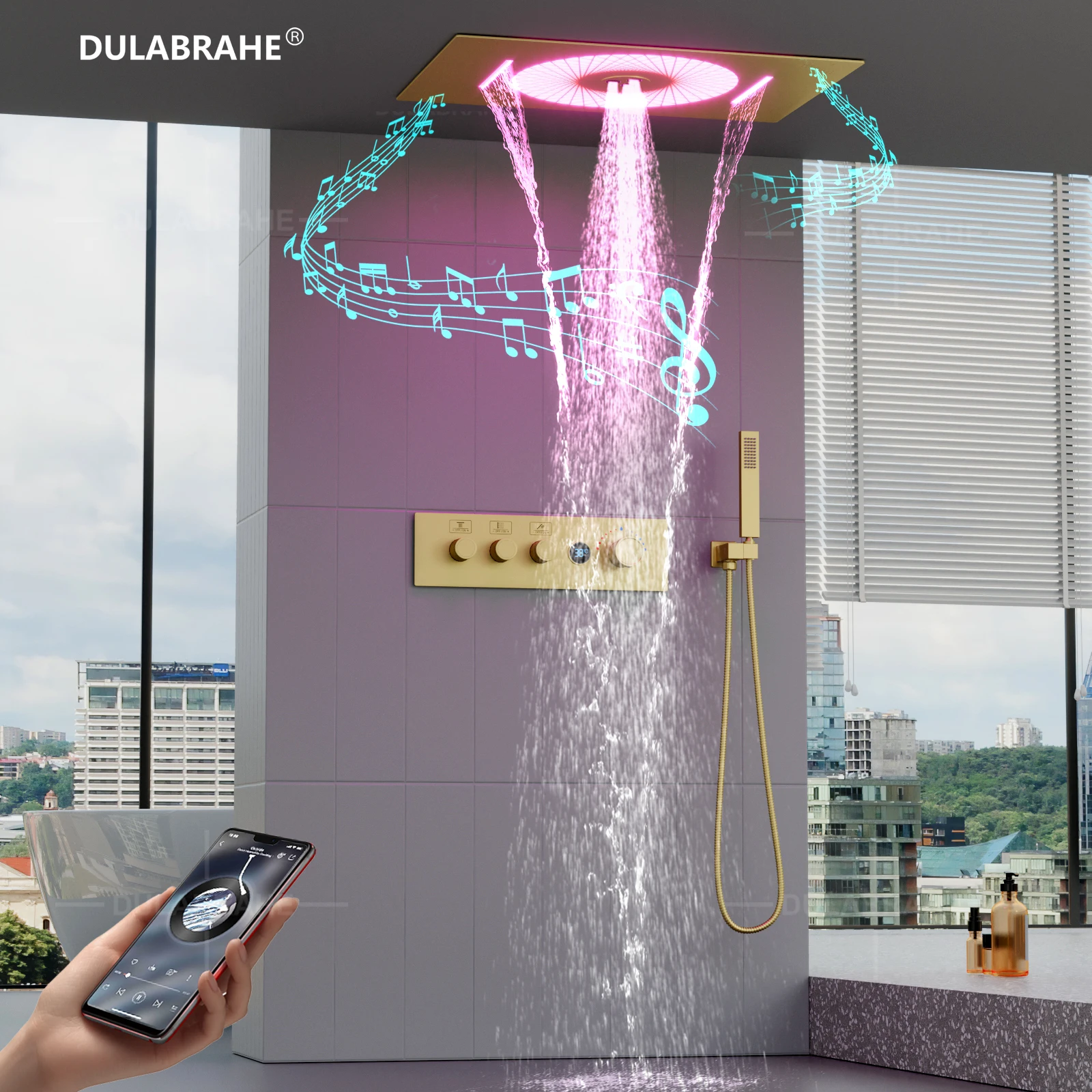 DULABRAHE 2024 New Luxury Thermostatic Gold LED Shower System Bathroom Ceiling Rain Waterfall Digital Display Shower Set