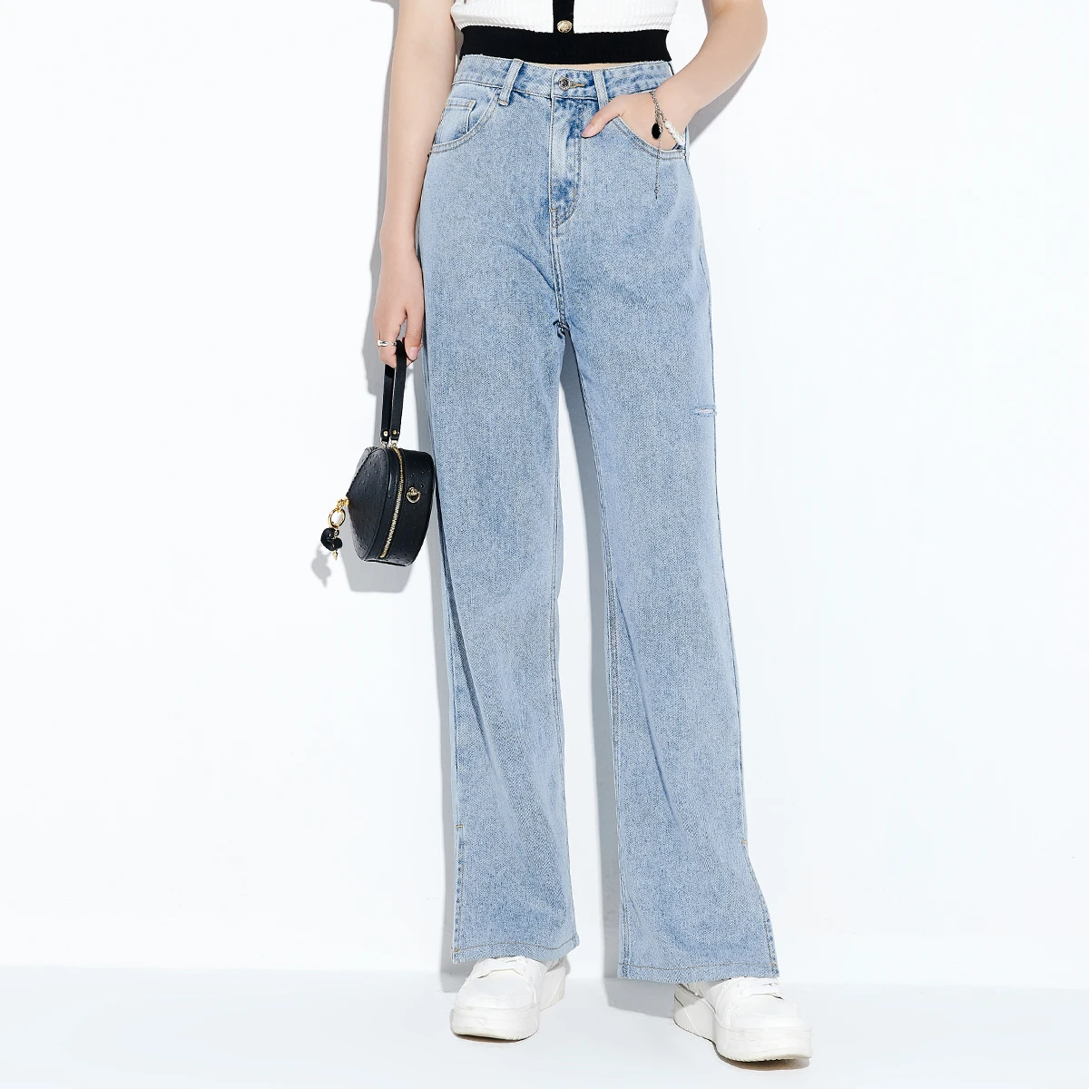 Factory Wholesale Custom Women denim pants men Jeans Long high elastic bottom straight