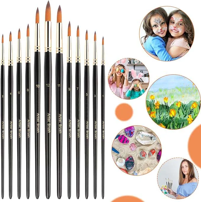 paint brushes 12 pcs art supplies round wood handle nylon hair paint brush set for acrylic watercolor oil artist painting