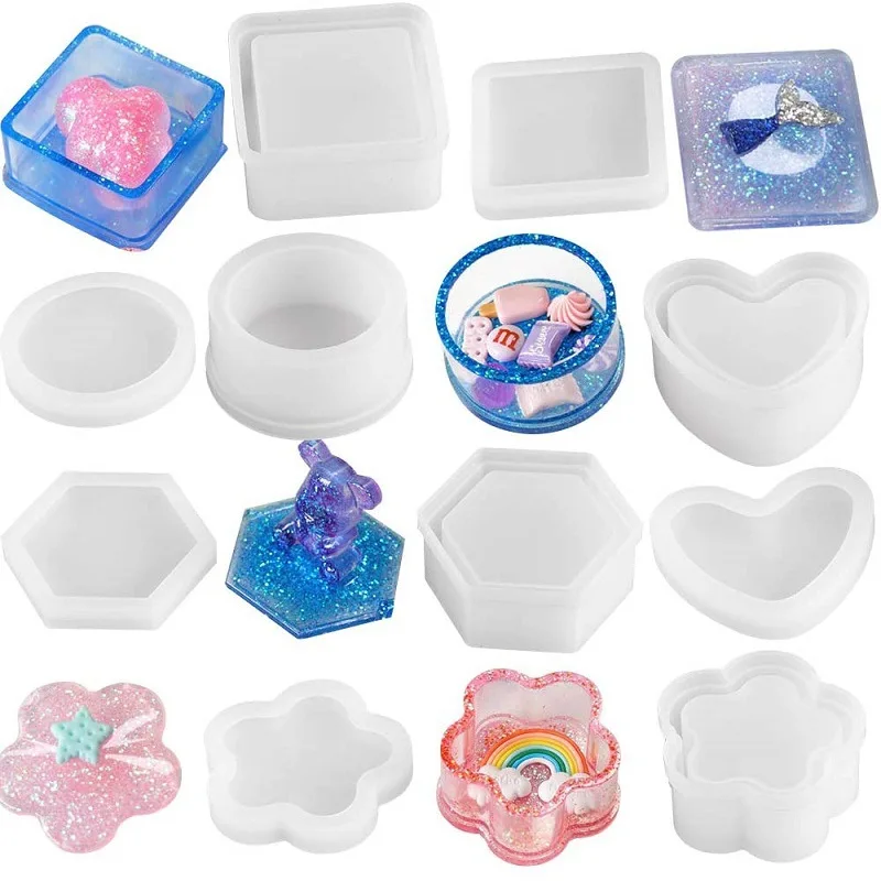 Hexagonal jewelry box silicone mold maker set plum blossom love round square mirror resin mold