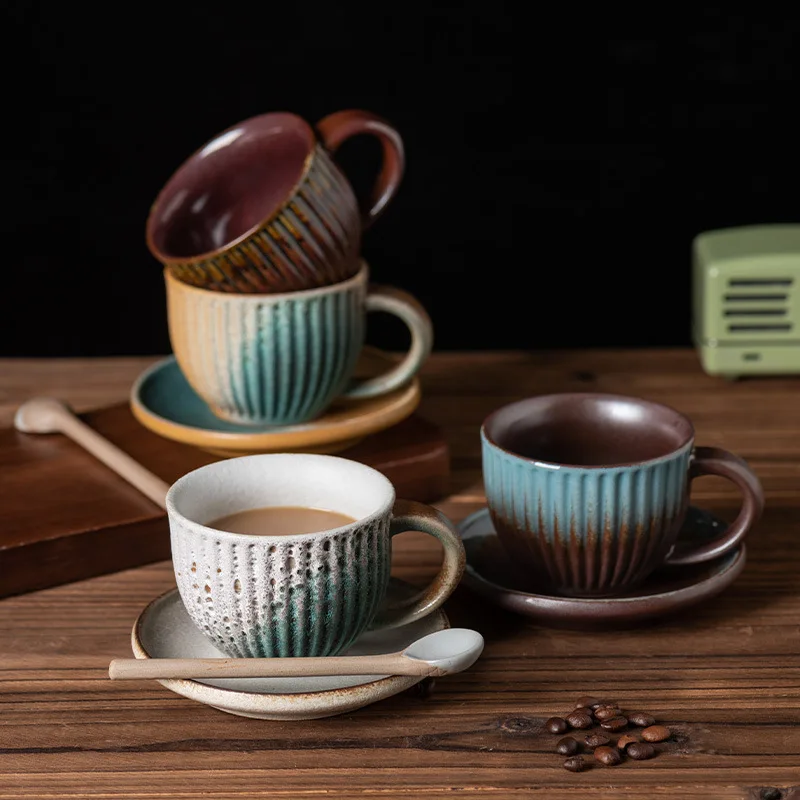 Custom 200ml Retro Stripped Coffee Mugs with Spoon Saucer Set Eco Creative Handmade Espresso Latter Cup and Plates