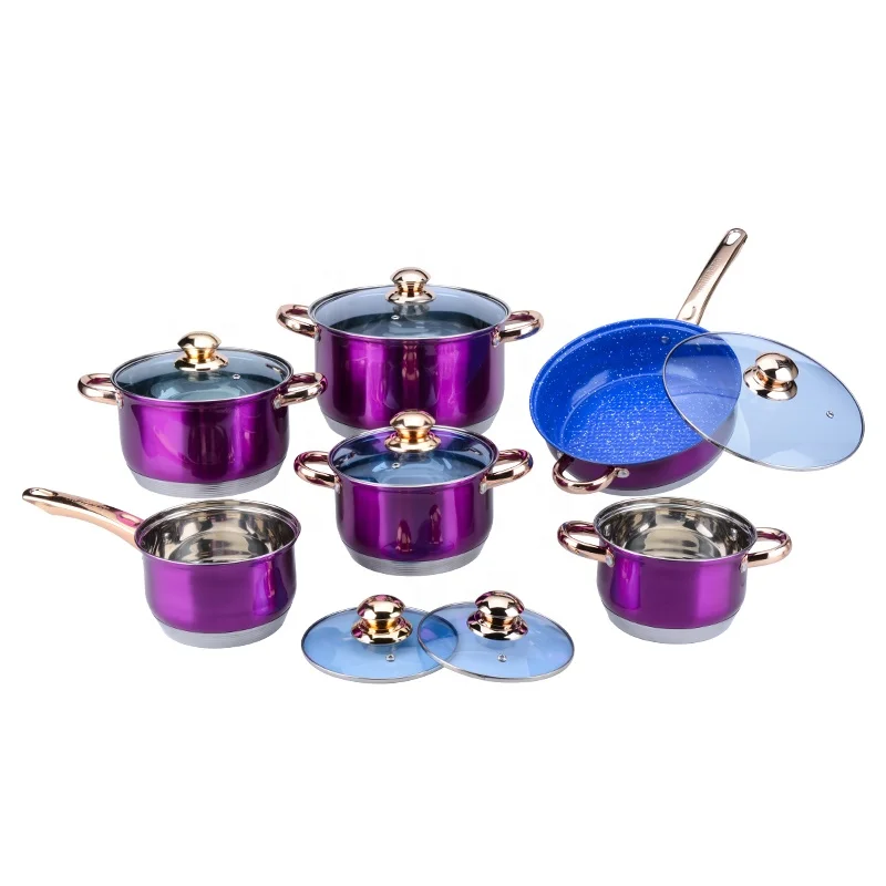 12 piece purple cookware stainless steel non stick cooking pots cookware set