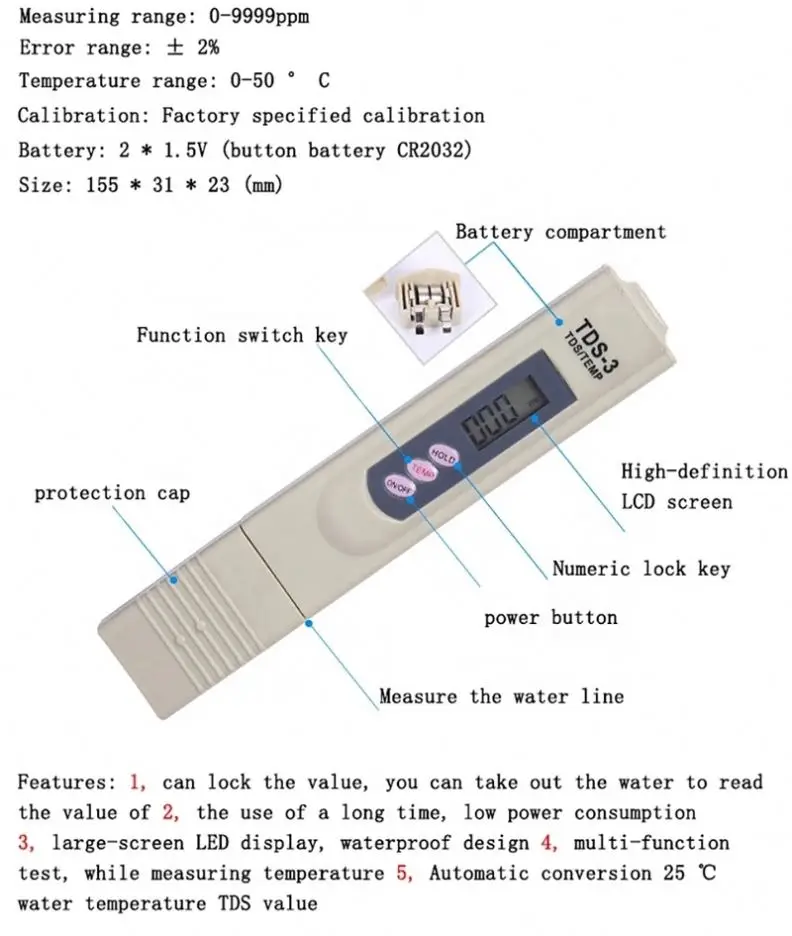 TDS3 счетчик воды тестовая Ручка детектор воды три ключевых тест качества воды pen PH Измеритель TDS-3 светодиодный цифровой дисплей прибор для измерения температуры